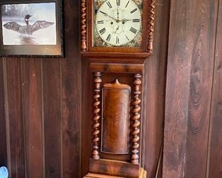 ANTIQUE JOHN FULTON HAMILTON BRITISH GRANDFATHER CLOCK WITH HANDPAINTED FACE 
"KING BRUCE IN THE CAVE"