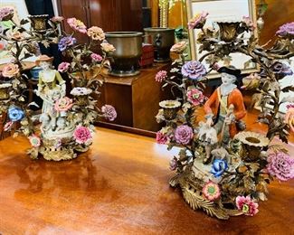 Pair 19th Century Bronze and Porcelain Figural Candelabra