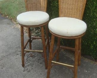 Pair faux bamboo bar chairs w brass footrests