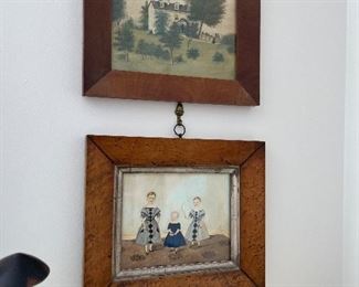 Antique primitive American paintings of 3 girls and house