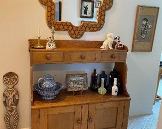 Folk art mirror - Staffordshire dogs, Antique pine cabinet etc