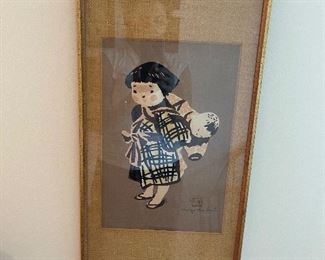 Kiyoshi Saito Woodblock print  Sosaku Hanga Print - Child in Aizu or Girl Carrying baby. Artists work in many Museums 