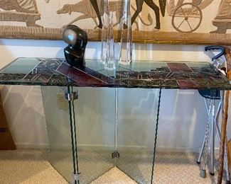 Console table Post modern with art glass top - Herb Ritts Obelisks, Shona carving, Egyptian tent panel (2) 