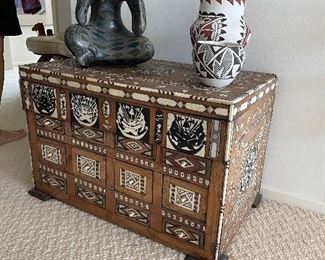 Egyptian trunk with carving and inlays - Max Kerlow seated figure, Acoma Pot