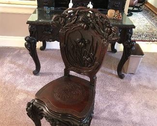 Antique highly carves Japanese desk and matching chair