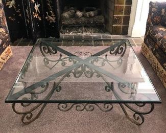 Vintage good heavy wrought iron glass top coffee table