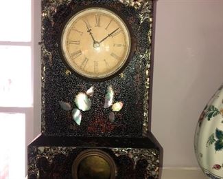 Antique iron body with mop inlay shelf clock, not running