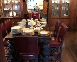 Antique oak refractory table and six chairs