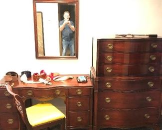 Drexel vintage mahogany bedroom suite: includes tall chest & mirror, desk, dresser with mirror, full bed and night stand