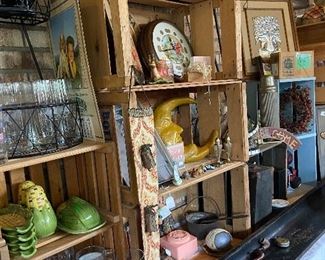 Crates full of treasures - and by the way, all the crates are for sale also!!!  Vintage pipes and that black piece of wood in the bottom of the picture is a piano keyboard cover
