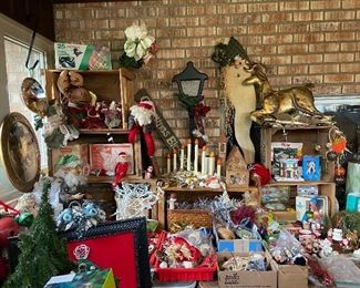 Vintage Christmas including aluminum 4’ Pom Pom tree, color wheel and lots of vintage lights and bulbs and plush elfs