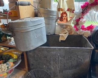 Vintage coal miners lunch bucket and ash bucket.  Check out that apron peaking out from the back!!!