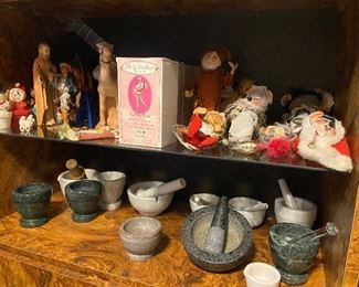 More mortar and pestle and another shelf of vintage Christmas items