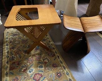 Mid century modern butterfly stool (possibly Sori Yanago??) and Mid century modern magazine rack (Arthur Umanoff??).  We have a little more research to do on these beautiful pieces. 