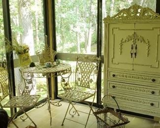 Metal table with 2 folding metal chairs 3 drawer hutch