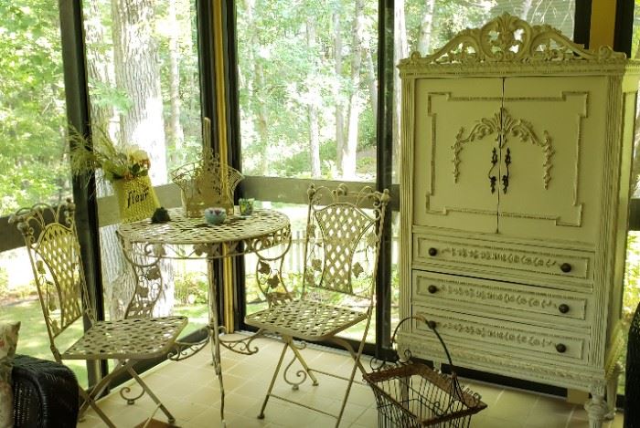 Metal table with 2 folding metal chairs 3 drawer hutch