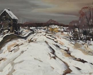 3012
Carl Gaertner
1898-1952, American
Snowy Landscape With A House
Watercolor and gouache on brown paper under glass
Signed lower right: Carl Gaertner
Sight: 11.5" H x 16.5" W
Estimate: $1,000 - $1,500