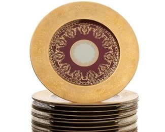 3015
A Set Of Royal Bavarian Porcelain Dinner Plates, By Hutschenreuther
Mid-20th Century
Each with green backstamp for Hutschenreuther
Each glazed white porcelain with a thick red band to the center and gilt acanthus leaf motif surrounded by a gilt rim, 12 pieces
Each: 10.75" Dia.
Estimate: $400 - $600