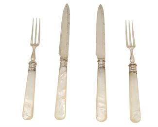 3018
An Ellkington Sterling Silver Fruit Set
1906; Birmingham, England
Marked for Elkington and with English hallmarks for Birmingham
The fruitwood inlaid Elkington box with witted red velvet interior containing a sterling and mother-of-pearl fruit set with chased details to blades comprising 12 forks (6.25") and 12 knives (7.25"), 24 pieces
Estimate: $600 - $800