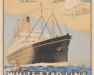 3021
White Star Line To & From Australia Via South Africa
Color lithograph on paper backed by linen
The Liverpool Printing & Stationery Company, Limited, prntr.
Signed in the plate right center: Montague B. Black (1884-1964, British)
Sheet: 40" H x 25.25" W
Estimate: $800 - $1,200