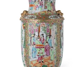 3028
A Chinese Rose Medallion Porcelain Vase
Mid-19th Century
The famille rose porcelain vase with a Rose Medallion pattern, gilt highlights, and polychrome enamel decoration with alternating medallions of figures and birds against a scrolled gilt ground with opposed lion's mask handles
14" H x 6.5" Dia.
Estimate: $600 - $800