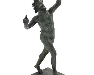 3030
An Italian "Dancing Faun" Sculpture
Fourth-Quarter 19th Century
Unmarked
The patinated soft metal, possibly zinc, sculpture after a Hellenistic Greek original with a later Roman copy uncovered at Pompeii in 1830 and currently housed in the Naples National Archaeological Museum
32.75" H x 13" W x 11.25" D
Estimate: $1,000 - $2,000