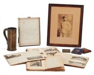3036
Rough Riders Historical Memorabilia Of James Robb Church, M.D.
Late 19th/Early 20th Century
From the Collection of James Robb Church, M.D., Assistant Surgeon assigned to 1st Volunteer Regiment (Rough Riders), Spanish-American War, comprising:

A framed autographed and inscribed black and white photograph of Theodore Roosevelt, from Col. Theodore Roosevelt to James Church, inscribed: "To James Robb Church, 1st Vol Reg Surgeon from Theodore Roosevelt, Col 1st USV Calvary"
Sight: 8.5" H x 5.5" W; frame: 15.625" H x 12.75" W x 0.5" D

A framed personal letter from President Theodore Roosevelt to James Church, dated December 30, 1904 on White House letterhead
Sight: 8.75" H x 6.75" W; frame: 10" H x 8.25" W x 0.375" D

A custom tankard derived from an 1895 Berndorf German Mountain Howitzer 88mm shell, with an applied nickeled-silver handle and engraved shield which reads "From the Spanish Mountain Battery to the American Army, San Juan Hill, July 1st, 1898, James Robb Church," retrofit