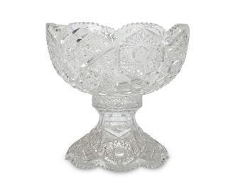 3037
An American Brilliant Cult Glass Punch Bowl
Late 19th/Early 20th Century
The cut glass punchbowl with sawtooth scalloped edge raised on a flared pedestal
13.5" H x 14" Dia.
Estimate: $800 - $1,200