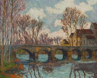 3043
Andre Wilder
1871-1965, French
"Moret Sur Loing," 1906
Oil on canvas
Signed and dated lower left: A. Wilder; titled on a gallery label affixed verso
21.5" H x 25.5" W
Estimate: $1,500 - $2,500