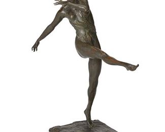 3044
Prince Paul Troubetzkoy
1866-1938, Russian
Danseuse Jambe Droite Levee (Lady Constance Stewart Richardson), 1921
Bronze with dark brown patina
Signed and dated to base: Paul Troubetzkoy; further marked: CIRE / C. VALSUANI / ***DUE; further marked: Roman Bronze Works NY
13.75" H x 12.5" W x 5" D
Estimate: $20,000 - $30,000
