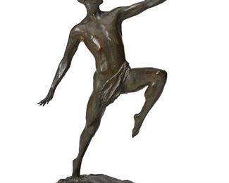 3045
Prince Paul Troubetzkoy
1866-1938, Russian
Male Figure In Motion, 1920
Bronze, dark brown patina
Signed and dated to base; further marked: Roman Bronze Works NY
15.5" H x 6" H x 8.25" D <br /> 15.5" H x 6" W x 7.5" D
Estimate: $3,000 - $5,000