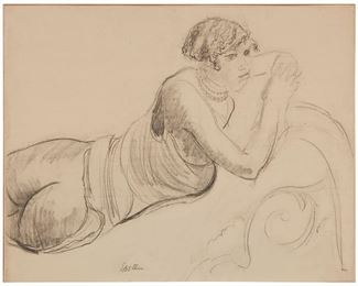 3055
Sir Jacob Epstein
1880-1959, British/American
Semi-Nude Woman On A Chaise Lounge
Charcoal and graphite on cream-colored paper partially mounted to board
Signed in pencil near the center of the lower edge: Epstein
17.25" H x 22." W
Estimate: $1,500 - $2,500