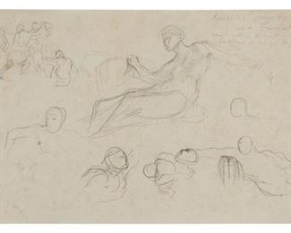 3056
Eugene Delacroix
1798-1863, French
Studies For The Galerie D'Apollon After Dubois And Fréminet, Circa 1850
Pencil on cream wove paper
Estate stamped in red ink with the artist's initials (Lugt 838, recto) at lower right, and inscribed in pencil upper right
Sheet: 8.5" H x 13.5" W
Estimate: $1,000 - $2,000