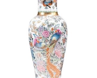 3061
A Monumental Chinese Porcelain Vase
First-Quarter 20th Century <br />
The large baluster-form urn with polychrome painted bird and floral motif with gilt enamel highlights and gilt neck band
61.5" H x 21" Dia.
Estimate: $1,500 - $2,500