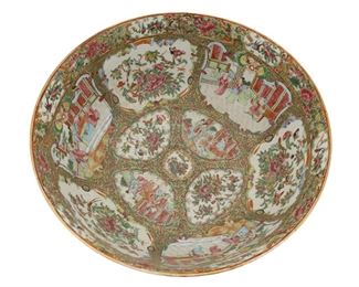 3064
A Chinese Rose Medallion Porcelain Bowl
Mid-19th Century
The large famille rose porcelain bowl with a Rose Medallion pattern, gilt highlights, and polychrome enamel decoration centering a bird medallion to the interior surrounded by alternating medallions of birds, peonies, insects, and figures to the interior and exterior against an abundant ground of green scrolls, flowers, and insects
6.75" H x 16.125" Dia.
Estimate: $1,200 - $1,800