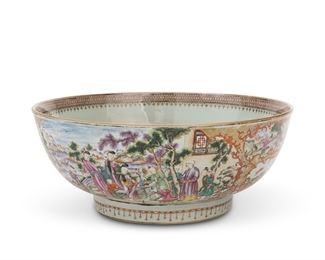 3065
A Large Chinese Rose Medallion Porcelain Bowl
Second Half 19th Century
The large famille rose porcelain bowl with a Rose Medallion pattern, gilt highlights, and polychrome enamel decoration centering a spray of pink and blue flowers against white to the interior and staggered, alternating medallions of figures and birds against a scrolled gilt ground to the exterior
8" H x 19.5" Dia.
Estimate: $1,000 - $1,500