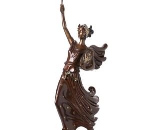 3071
Romain (Erté) De Tirtoff
1892-1990, Russian
"Liberty, Fearless, And Free," 1984
Cold-painted and gilt bronze
Edition: 2/500
Signed, dated, and numbered: Erte; further marked: Fine Art Acquisitions ©
28.5" H x 7" W x 12" D
Estimate: $1,500 - $2,500
