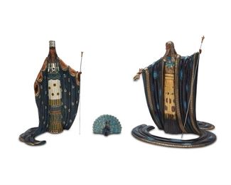 3072
Romain (Erté) De Tirtoff
1892-1990, Russian
"Hera & Zeus," 1989
Cold-painted and gilt bronze with metal chain
Edition: 334/500
Each signed, dated, and numbered: Erte; each further marked: © Seven Arts LTD London; peacock: unsigned, numbered to plaque
Hera: 16.25" H x 10" W x 7.5" D; Zeus (with staff): 17.75" H x 14" W x 12" D; Peacock: 3.75" H x 4.75" W x 2" D <br /> Zeus: 17? x 14? x 13? <br /> Hera: 17? x 10? x 6? <br /> Zeus: 17? x 14? x 13? <br />
Estimate: $2,500 - $3,500