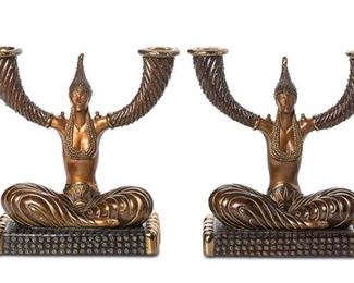 3073
Romain (Erté) De Tirtoff
1892-1990, Russian
Two "Fortune" Candlesticks, 1985
Each: Cold-painted and gilt bronze
Edition: 168/395 and 281/395
Each signed, dated, and numbered: Erte; each further marked: Con Ker ©
Each: 9.75" H x 9.75" W x 4" D
Estimate: $1,500 - $2,500