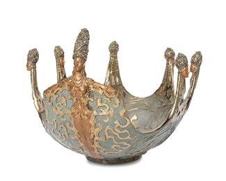 3075
Romain (Erté) De Tirtoff
1892-1990, Russian
"Oceans II," 1987
Gilt and patinated bronze
Edition: 224/300
Signed inside bowl: Erte; further dated, numbered, and marked: Con Ker ©
6.75" H x 12.5" W x 8.75" D
Estimate: $1,500 - $2,500