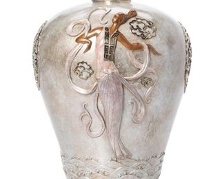 3074
Romain (Erté) De Tirtoff
1892-1990, Russian
"Oriental Mystery," 1990
Cast bronze with an applied decoration of a female dancer on each side
Edition: 91/395
Signed, dated, and numbered: Erte; further marked: Con Ker ©
11" H x 9" Dia.
Estimate: $1,500 - $2,500