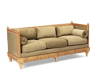 3085
A French-Style Carved Giltwood Sofa
20th Century
With label: Masterpiece by Lanzetti Custom Upholstery
The carved giltwood frame with green velvet upholstery
38.25" H x 86.5" W x 35.5" D
Estimate: $2,000 - $3,000