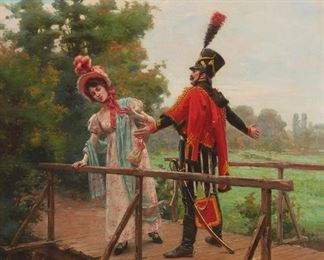 3092
Paul-Louis-Narcisse Grolleron
1848-1901, French
"The Encounter"
Oil on canvas
Signed lower right: P. Grolleron; titled by repute
36.5" H x 29" W
Estimate: $3,000 - $4,000