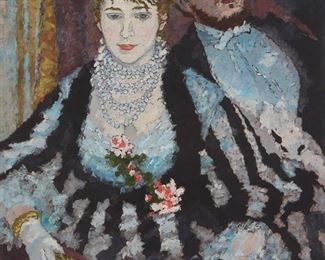 3094
Suzanne
Eisendieck
1908-1998, Polish/French
"'La Loge' D'après Renoir"
Oil on canvas
Signed lower left: Suzanne Eisendieck / d'apres Renoir; titled by repute
32" H x 25.5" W
Estimate: $1,500 - $2,000