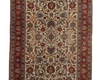 3095
An Isfahan Wool Garden Rug
Mid-20th Century
Wool on cotton, with an ivory ground decorated with palmettes and trellis interspersed with animal figures within a major claret border
6'10" L x 4'4" W
Estimate: $1,000 - $2,000