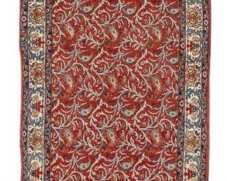3096
An Isfahan Wool Rug
Mid-20th Century
Wool on cotton, the claret field decorated with trellis and boteh within a major ivory border
7' L x 4'6" W
Estimate: $1,000 - $1,500