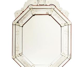 3099
An Italian Venetian Glass Wall Mirror
20th Century
With scrolled crest over a beveled mirrored outer border around an octagonal mirror
49" H x 53" W x 2.5" D
Estimate: $1,000 - $1,500
