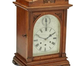 3101
An English Oak Bracket Clock
Late 19th/Early 20th Century
Three train movement, chimes on the hour and every quarter, in a carved oak case with floral crest
16.5" H x 11.25" W x 7.75" D
Estimate: $500 - $700