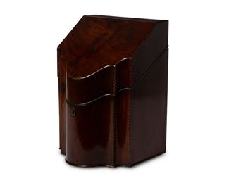 3104
A Georgian Knife Box
First-Quarter 19th Century
The mahogany knife box with parquetry inlaid borders
11.875" H x 8.125" W x 8" D
Estimate: $500 - $700