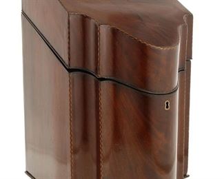 3105
A Georgian English Knife Box
First-Quarter 19th Century
The mahogany knife box with parquetry inlaid borders
13.5" H x 9" W x 9.25" D
Estimate: $500 - $700